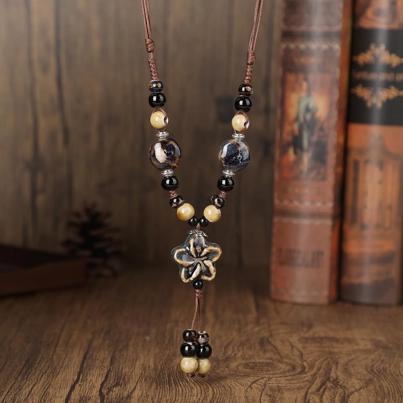 DS Boho Beaded Necklace for Women–Colorful Ceramic & African Tribal Beads, Adjustable Long Chunky Bohemian Jewelry with Gift Box Packaging,Hippie Witchy Vintage Handmade Fashion Statement Necklace - Image 3